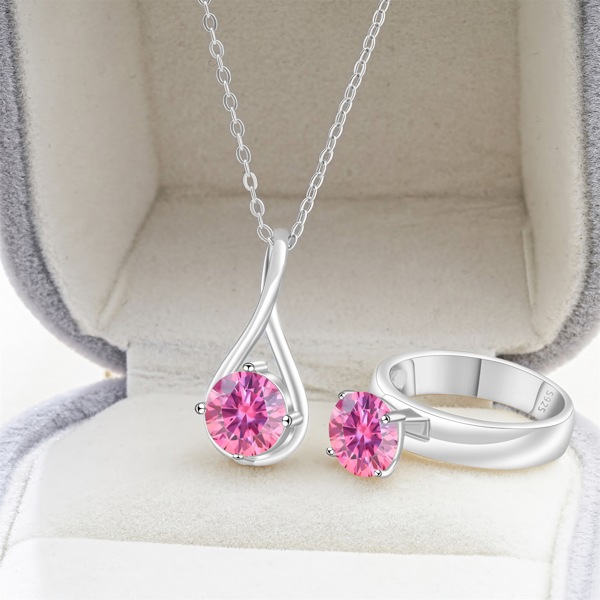 Cross-Border Exclusive S925 Silver Moissanite Necklace + Ring with Certificate, Sparkling Fire-Colored Diamond, Cross-Border Hot Sale