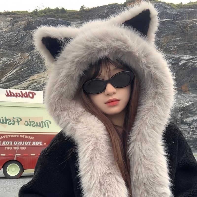 Новая пушистая шапка-скарф с ушами лисы, зимняя, 2025, защищающая уши