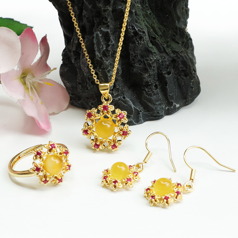 Guan Yu Natural Amber and Beeswax Set: Pendant, Earring Hooks, Earrings, Ring Three-Piece Set Factory Direct Delivery S1122717