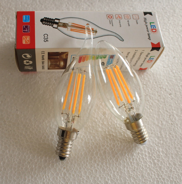 Светодиодная лампочка свеча E14, маленький винт, Эдисоновский наконечник, пузырьковый хвост, теплый желтый, нейтральный белый свет, энергосберегающая кристаллическая лампочка