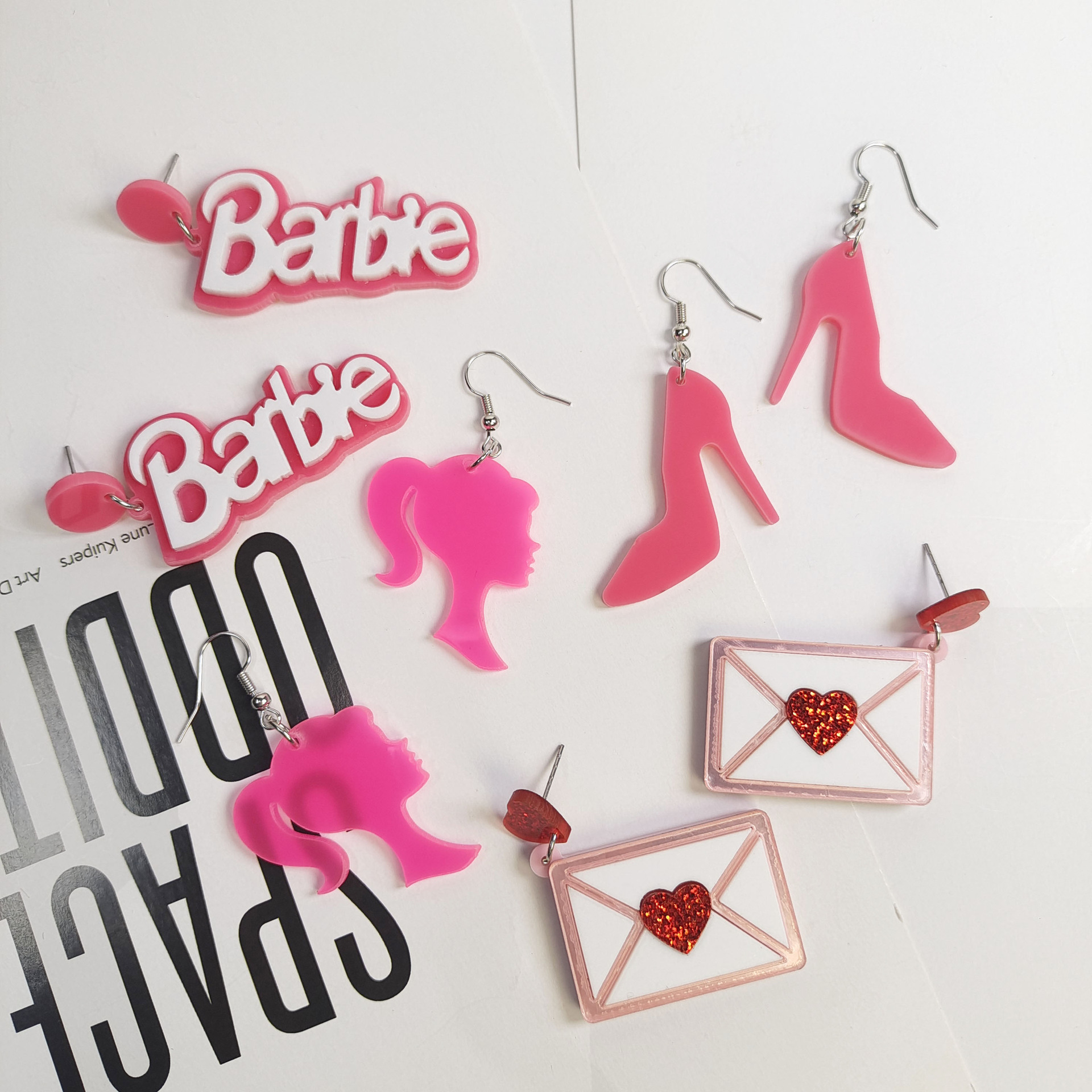 Pink Barbie acrylic earrings Love Heart Letter high heels envelope love letter Valentine's Day dating sequin nail pin female