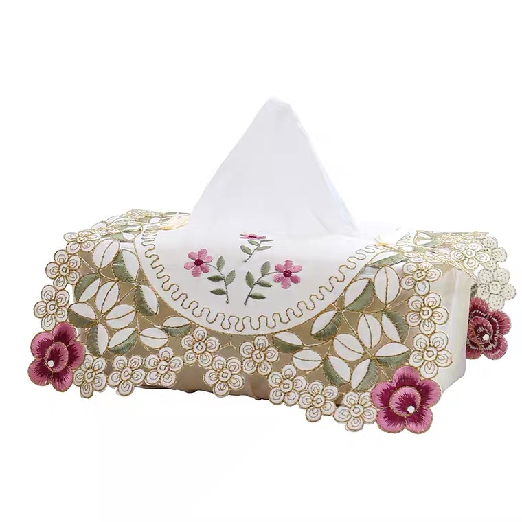 Pastoral style fabric tissue box embroidered Hollow home living room car tissue box fashion high-end fabric tissue cover