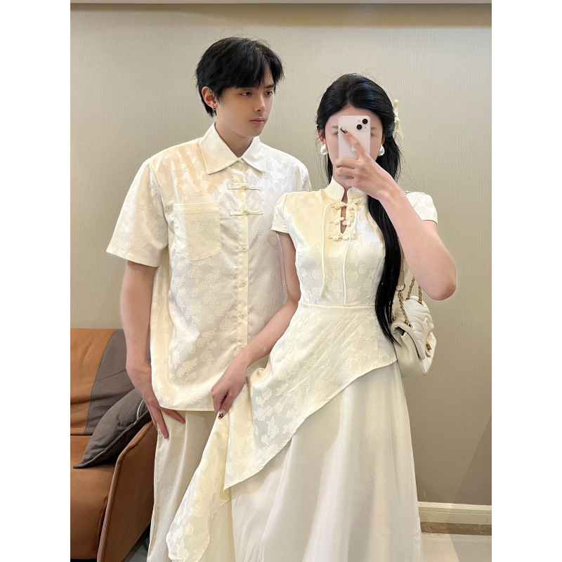 Summer 2025 New Chinese-style National Anti-modified Cheongsam Stitching Slimming Long Dress Couple's Short-sleeved Shirt