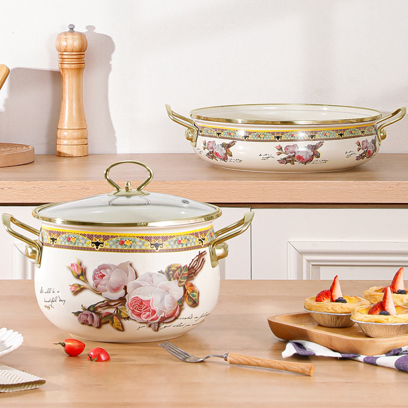 Thickened Enamel Stew Soup Pot Golden Binaural Stew Pot Braised Pot Soup Pot Enamel Pot Household Non-stick Pan Universal for Induction Cooker