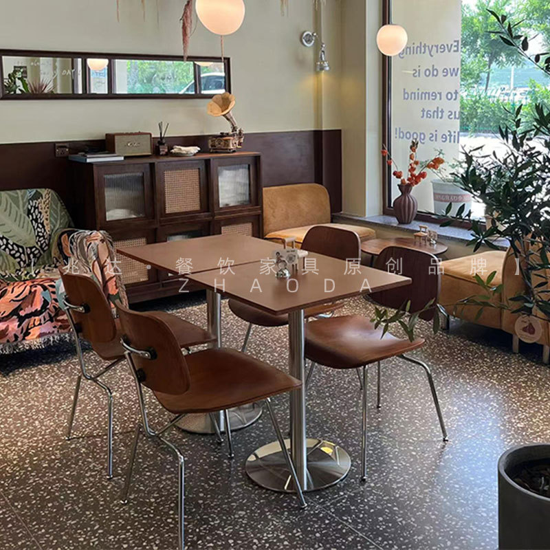 Simple Log Style Cafe Dining Table Ocean Board Western Restaurant Walnut Color Square Table Round Table Stainless Steel Table Chair