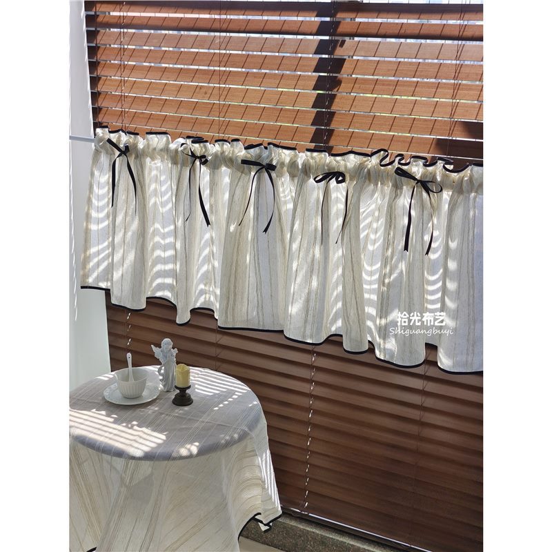 Retro Cotton and Linen Gauze Short Curtain Black Bow Half Curtain Partition Door Curtain Kitchen Window Curtain Cabinet Curtain Shielding Dustproof