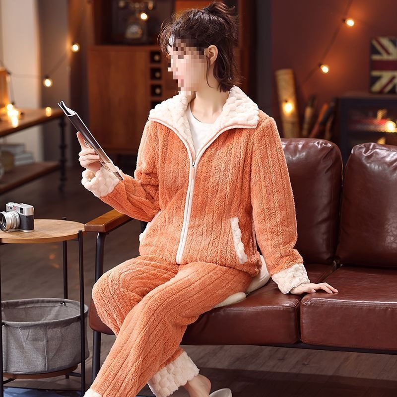 2025 Autumn and Winter Couple's Velvet Thickened Zipper Warm Loose Wearable Pajamas Home Wear Set
