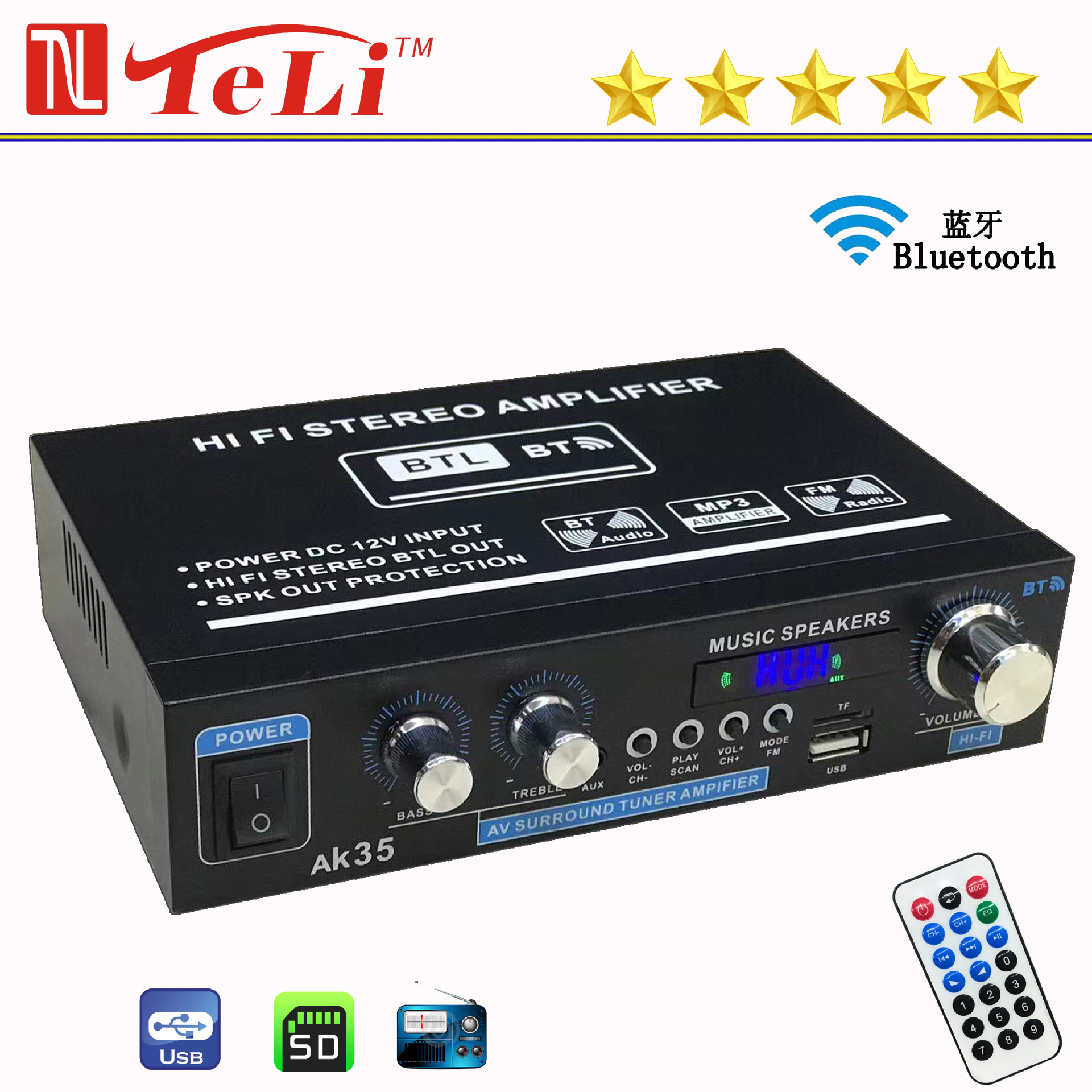 Cross-Border Export Ak-35 Bluetooth U Disk Radio 12V/110V-220V Car Home Digital Power Amplifier