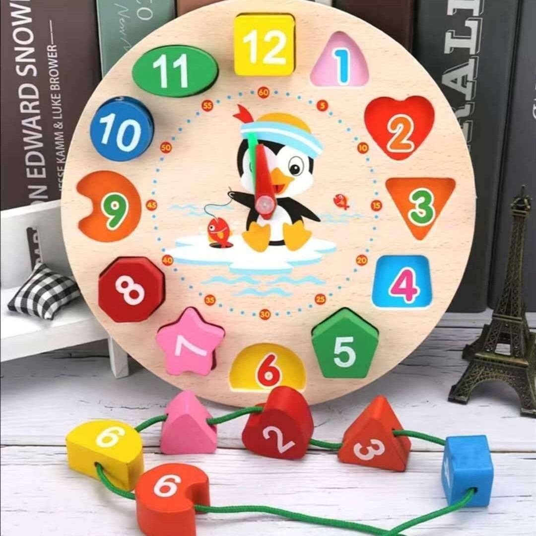 Детские деревянные цифровые часы с бусинами в форме пингвина, развивающая игрушка для малышей, распознавание форм, будильник