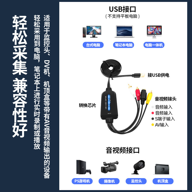 Cross-border AV video capture card with chip single-way USB video capture card AV signal to USB driver-free
