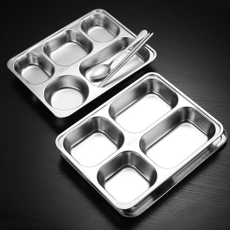 304 Stainless Steel Dinner Plate Square Four-Compartment Five-Compartment Fast Food Plate Adult Student Canteen Thickeneded Lunch Box Compartmented Lunch Box