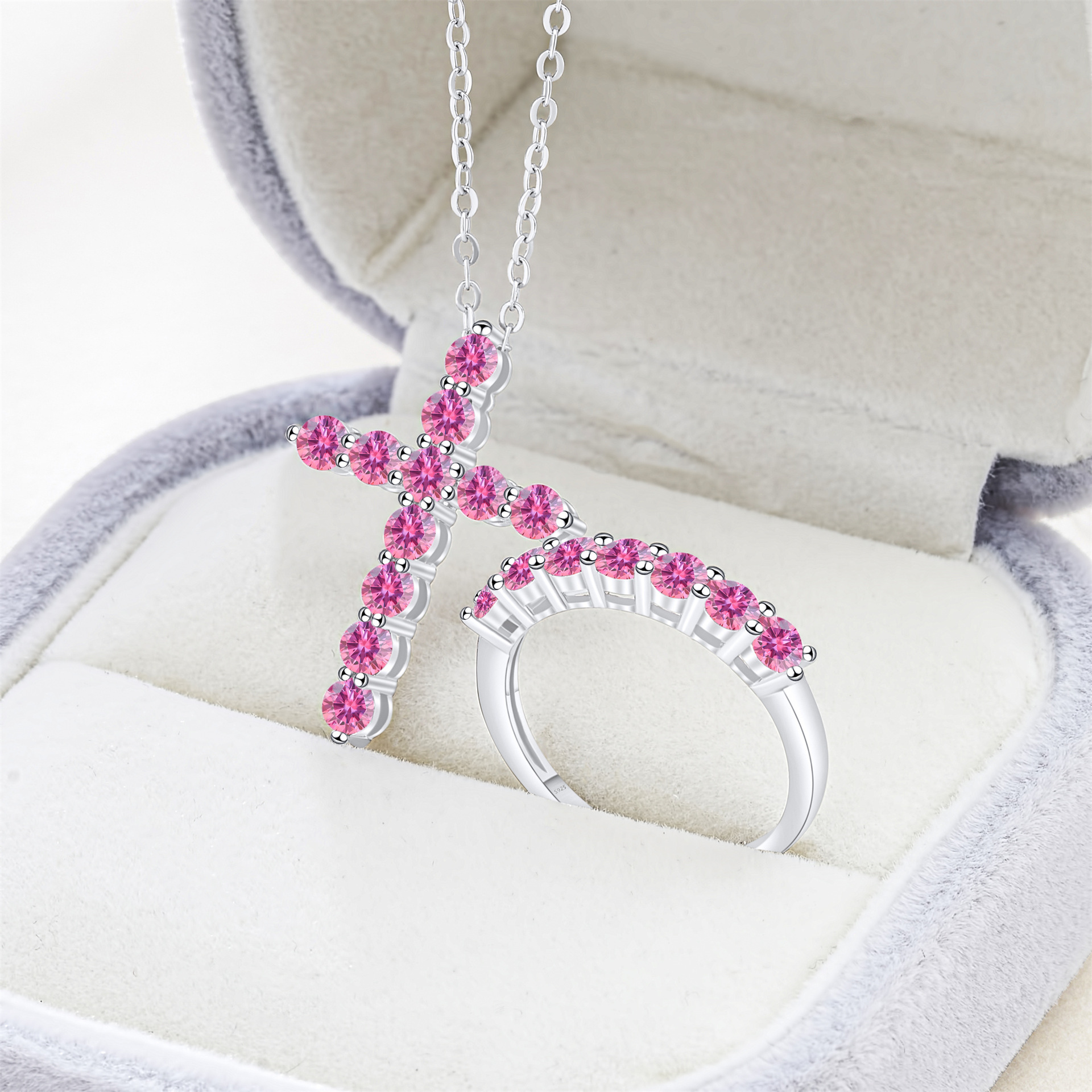 Cross-Border Exclusive S925 Silver Moissanite Necklace + Ring with Certificate, Sparkling Fire-Colored Diamond, Cross-Border Hot Sale