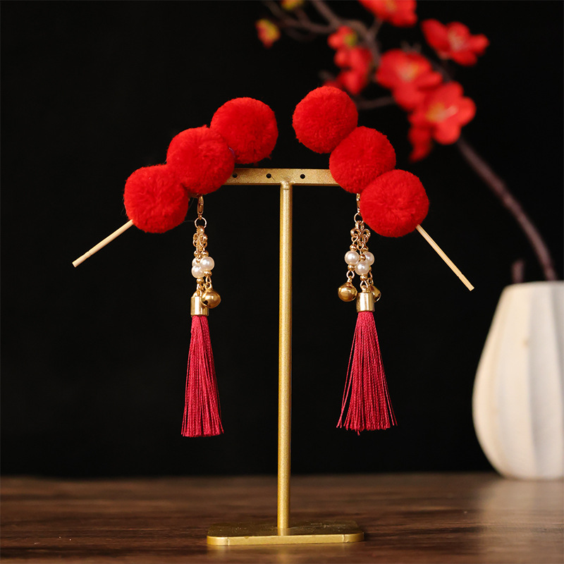 Hanfu Rabbit Hair Crown Antique Hair Accessories Hair Ball Hair Clip Red Tassel Hair Hairpin Pair Clip Accessories National Style New Year suit