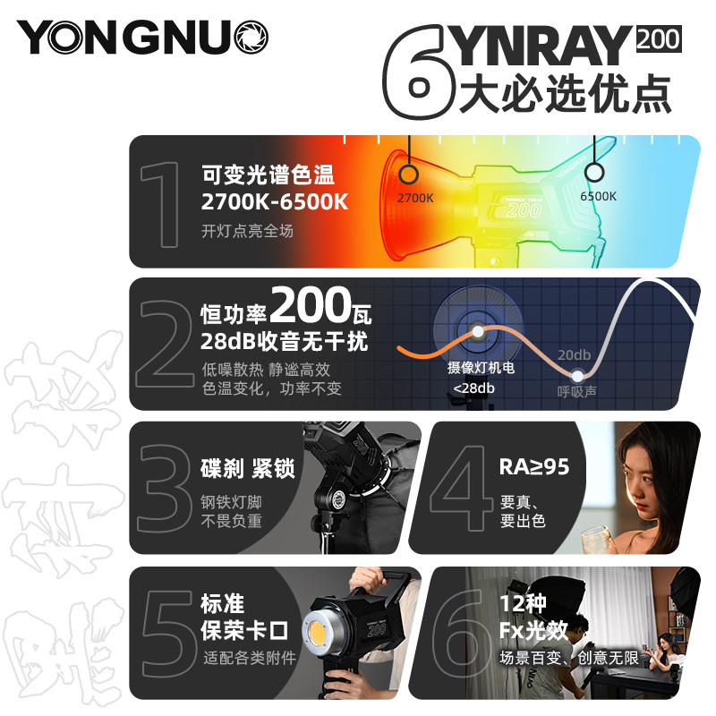 88 Yongnuo YNRAY200 Live Video LED Supplementary Light Constant 200W Adjustable Color Temperature COB Film and Television Light