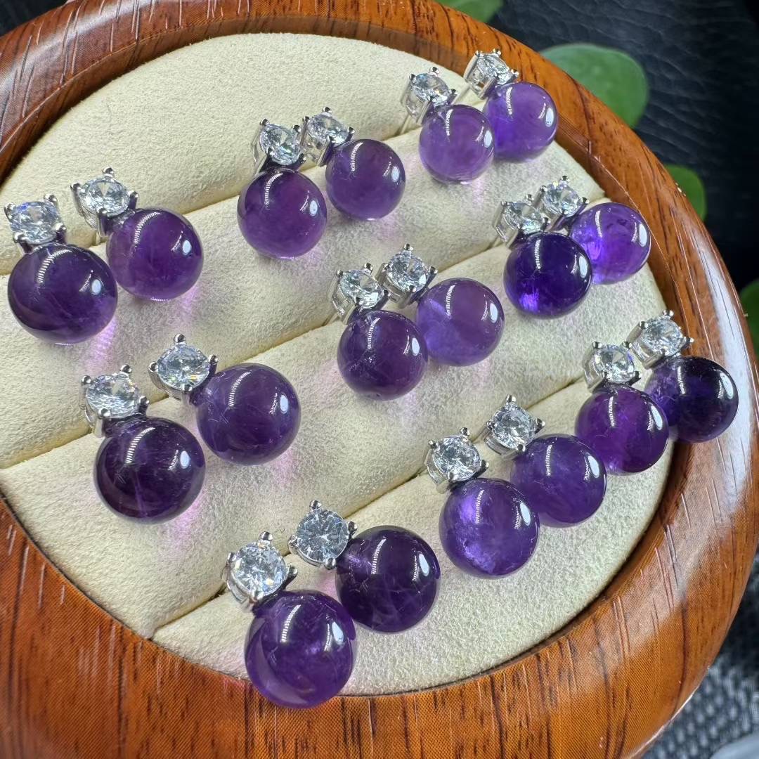Natural Amethyst Earrings, Round Bead Style Simple Earrings, S925 Silver Setting, Cross-Border Wholesale Available