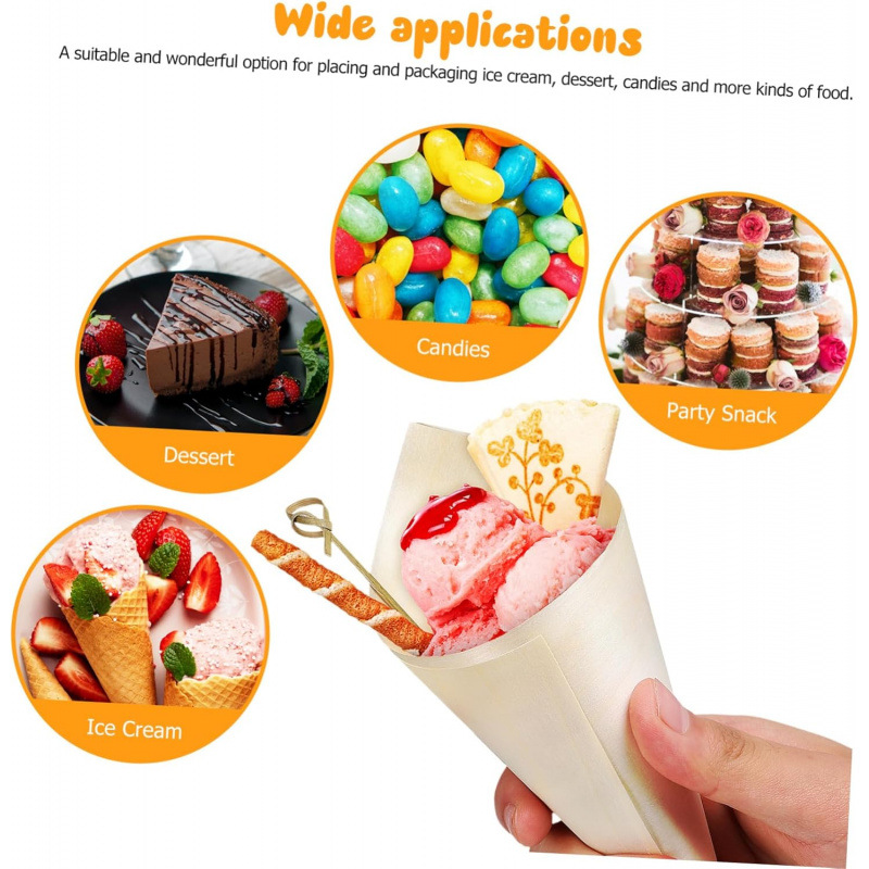 Cross Border Disposable Ice Cream Handheld Food Cone Wooden Ice Cream Cone Wooden Cone Crepe Paper Wooden Cone