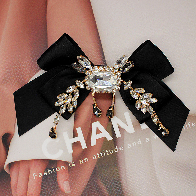 Dongdaemun Black Elegant Bow Hair Clip, Preppy Style Crystal Lolita Accessory Hairpin, Korean Style Brooch