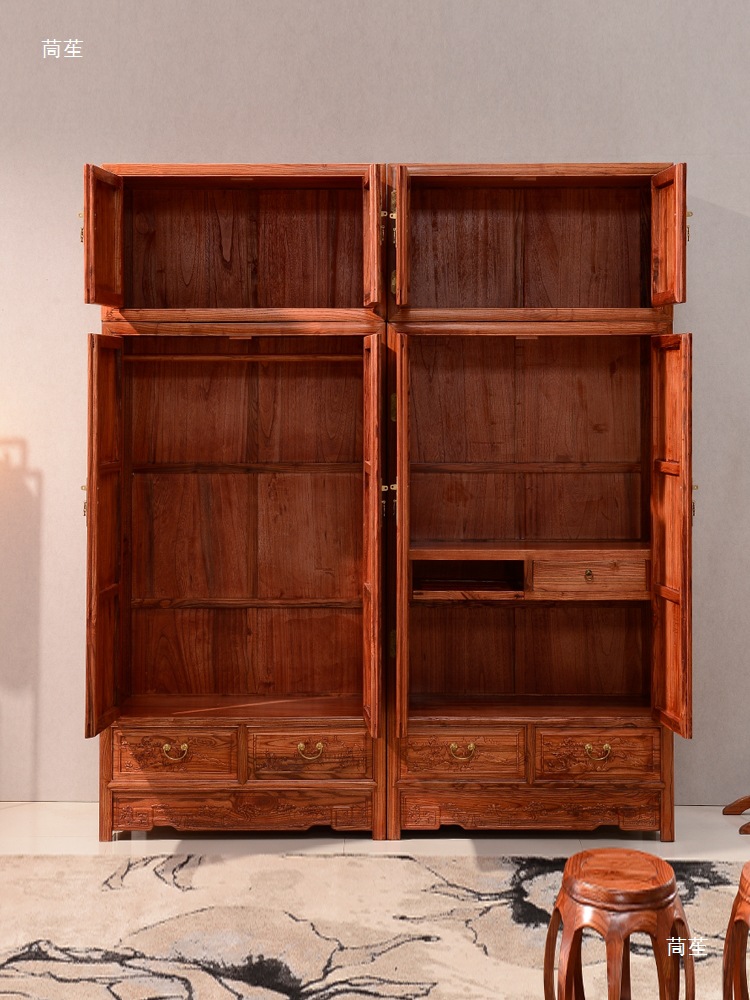 New Chinese-Style Solid Wood Carved Top Box Cabinet with 4 Doors or 3 Doors Wardrobe, Coat Cabinet, Imitation Ming and Qing Classical Pineapple Lattice Wood