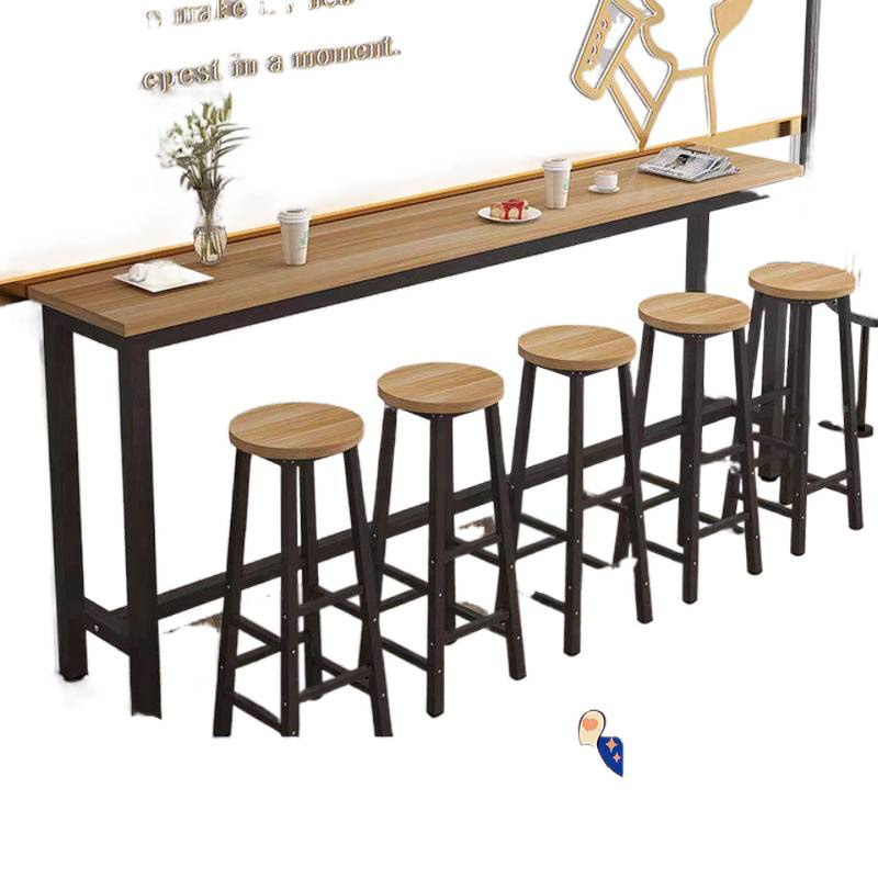 Bar Table Set for Milk Tea Shop, High Stools and Narrow Table Against the Wall, Simple Rectangular Design