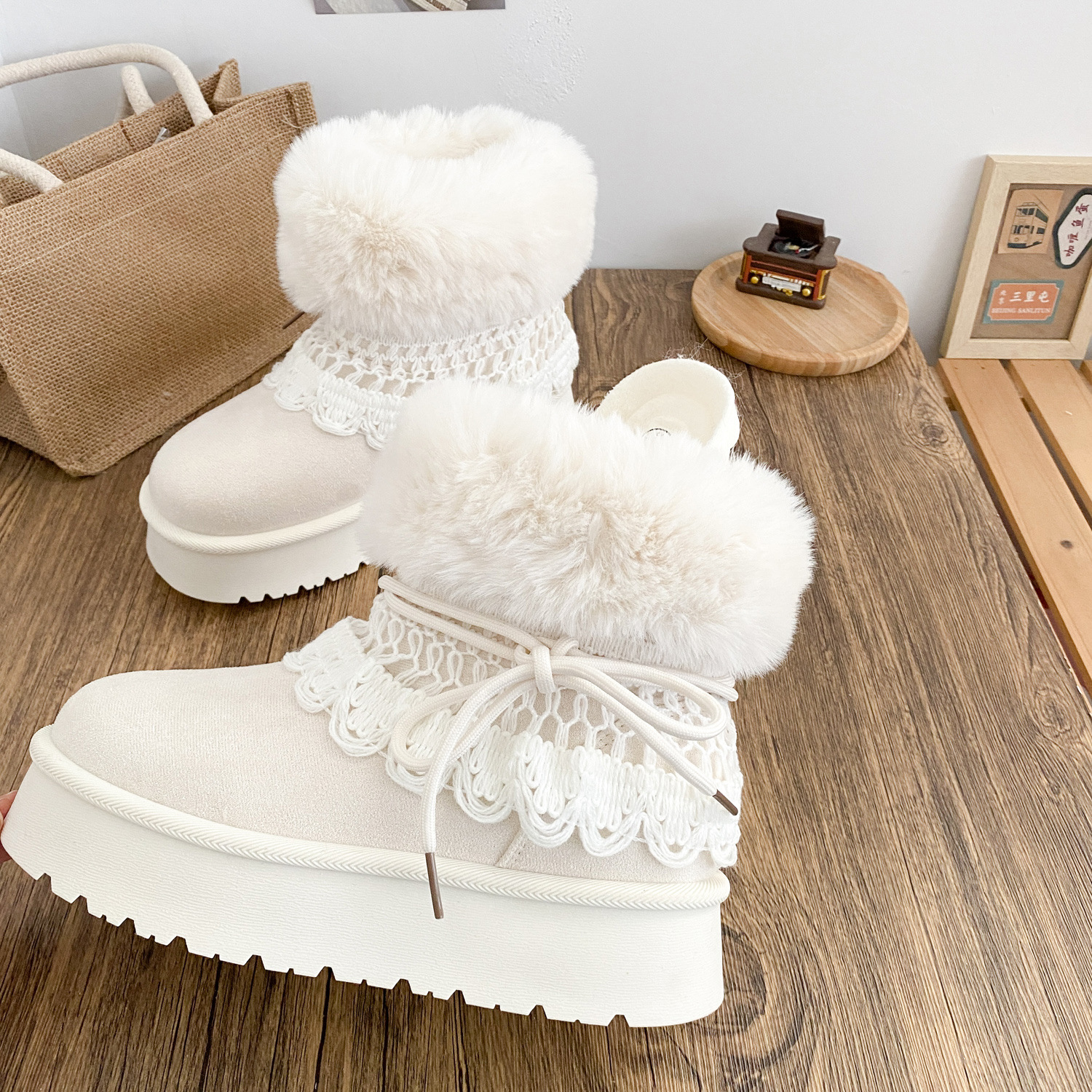 A6099-1 Snow Tube Dual-Wear Thick-Soled Snow Boots Women's Shoes 2025 New Winter Warm White Shoes Large Cotton Shoes