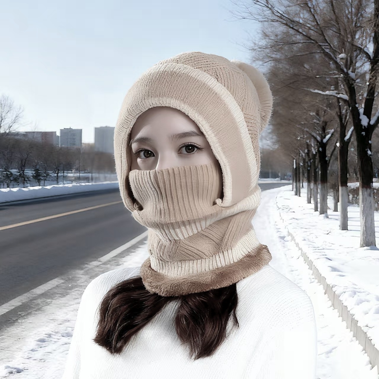 Зимняя теплая шапка для женщин, с флисовой подкладкой и утолщенная, защитная шапка для ушей, холодозащитная, вязаная шапка в одном флаконе