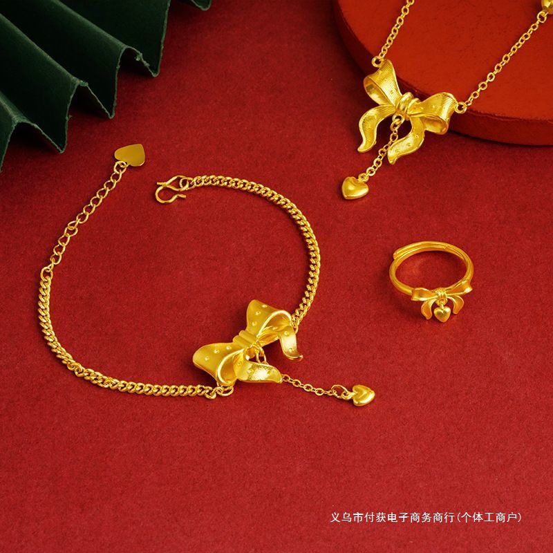 Authentic Vietnamese Sand Gold Simple Bow Set Necklace Jewelry Bracelet Women's Ring Versatile Jewelry Transfer