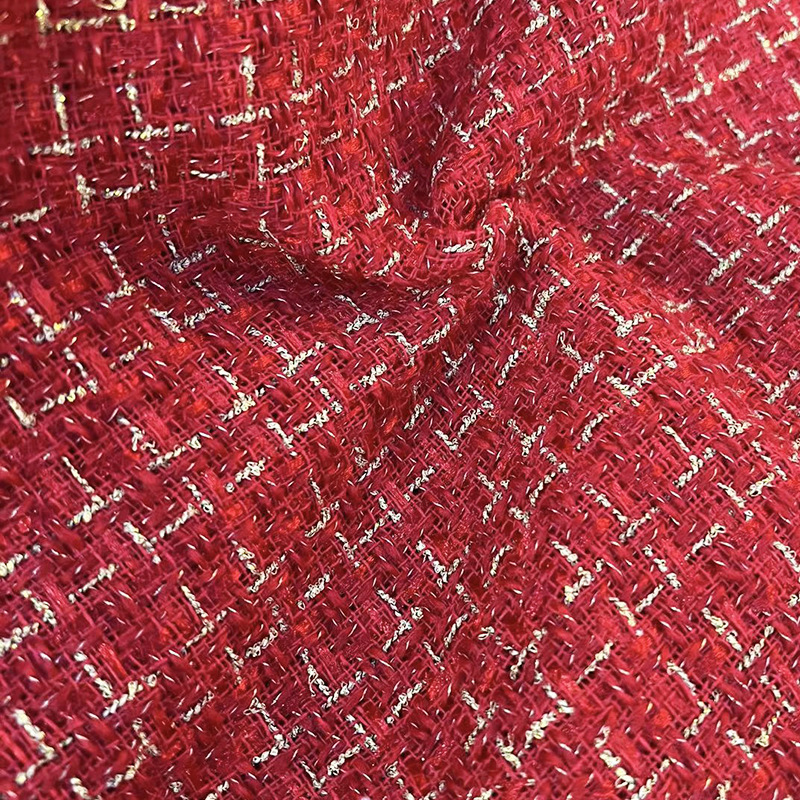 Chinese red Chanel style fabric wholesale gold silk plaid tweed fabric Christmas red Chanel coat fabric in stock