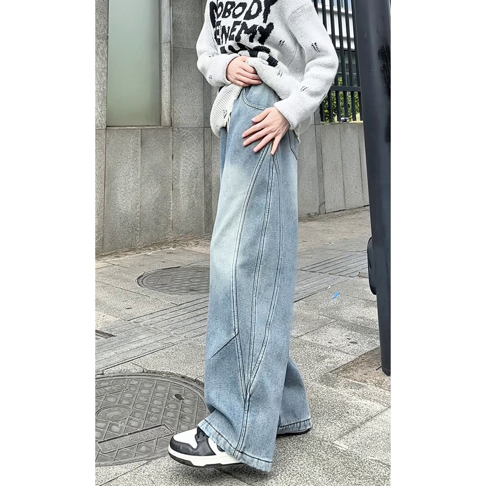 Autumn and Winter Velvet Thickened Jeans for Men and Women, American Splicing Design Straight Pants, Loose Large Size Casual Pants