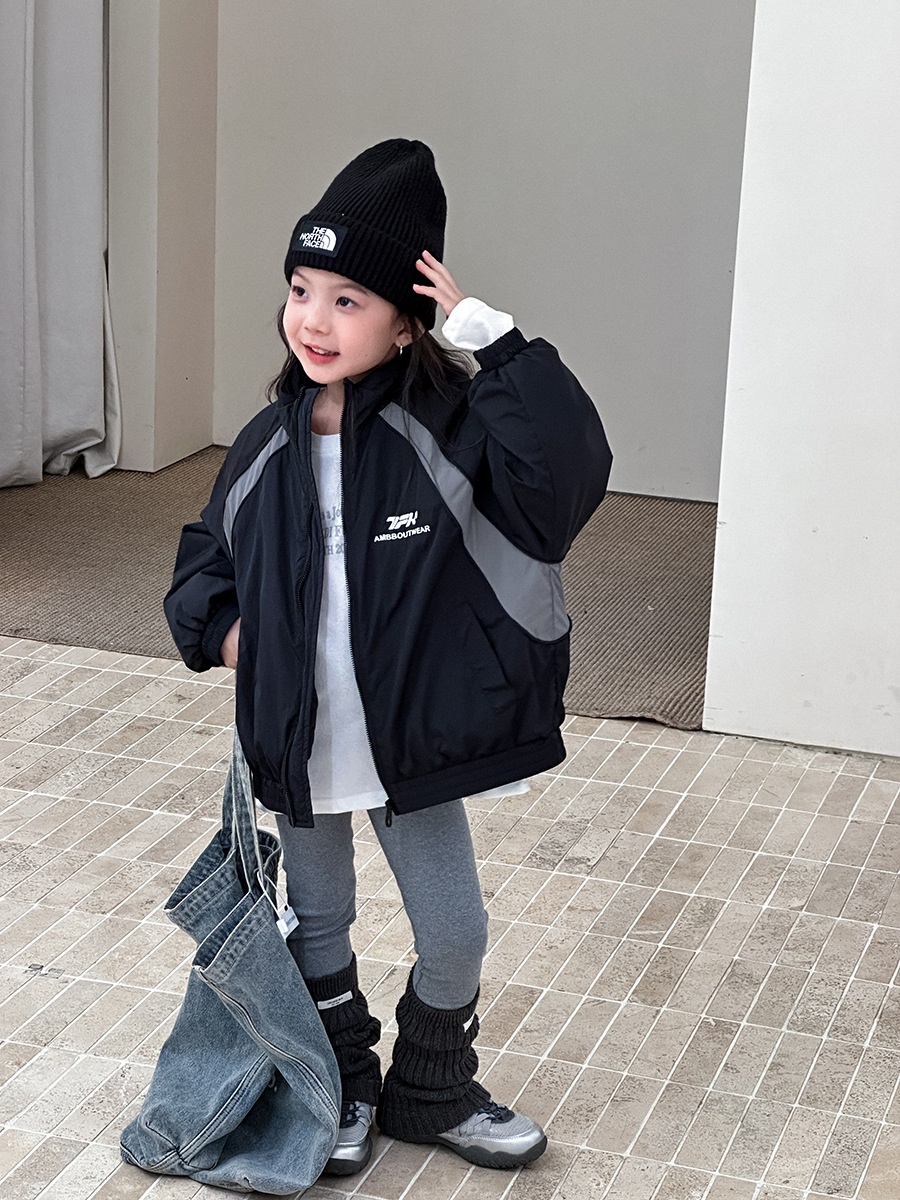 [Fleece-Lined Version] Aimo Beibei Children's Warm Cotton Coat, Thickened Casual Color-Blocked Jacket, Cotton-Padded Stand-Up Collar Outerwear, Trendy