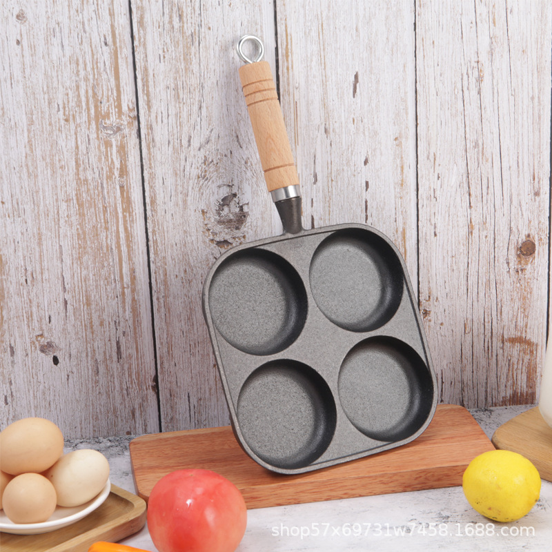 Cast Iron Four-Hole Frying Pan Egg Burger Mold Uncoated Non-Stick Pan Breakfast Fried Vegetable Cake Small Iron Pan Egg Dumpling Pan