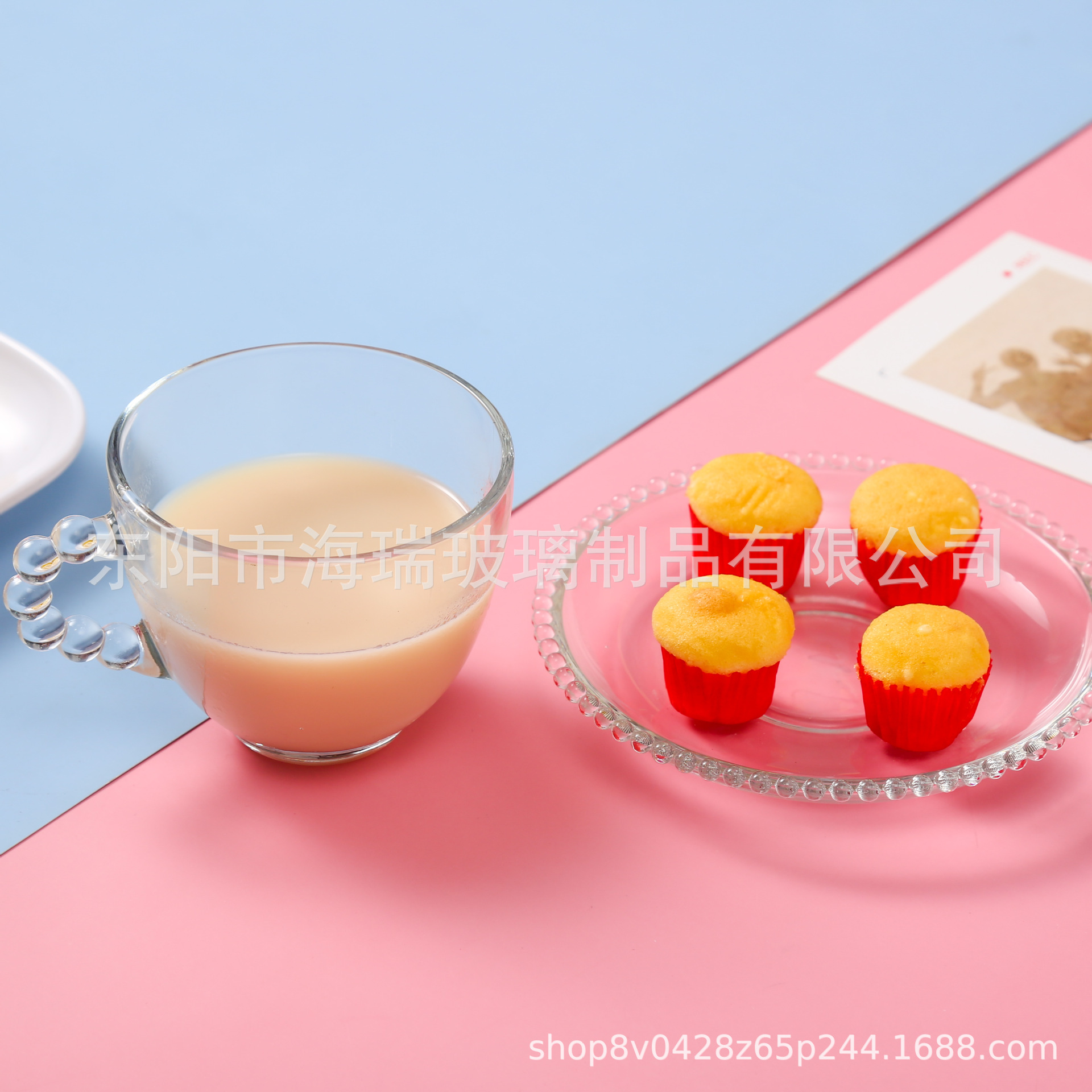 Factory wholesale with handle pearl edge transparent coffee cup saucer casual bar coffee shop net red glass