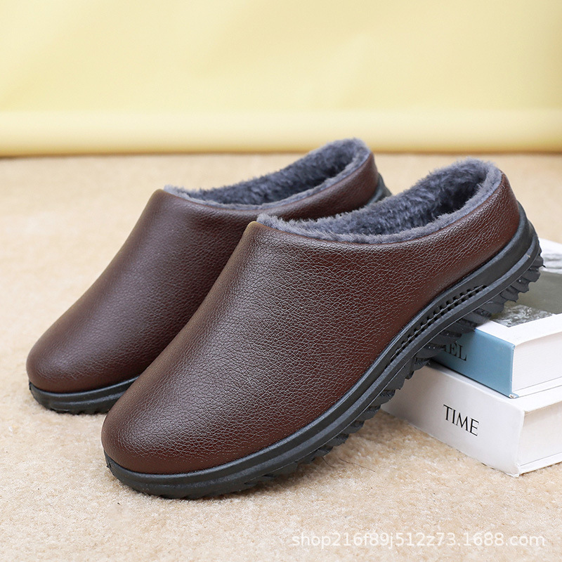Cotton Slippers for Men Indoor and Outdoor Winter Cotton Slippers for Couples Home Thick-Soled Warm Pu Surface Waterproof Men's Leather Slippers