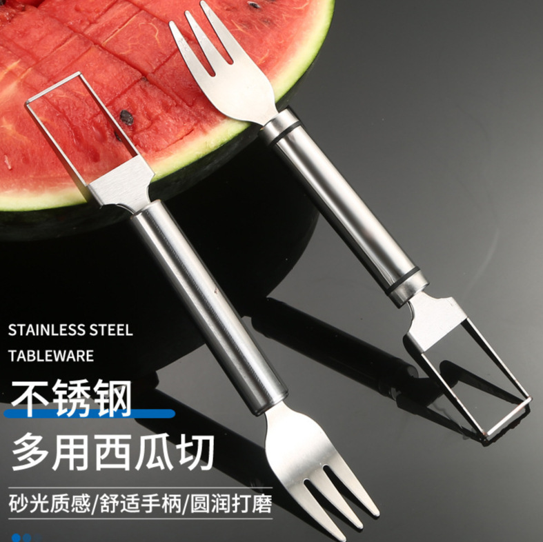 Explosive wholesale stainless steel watermelon cutter with fork double head multi-purpose household gadget eating fruit cutter