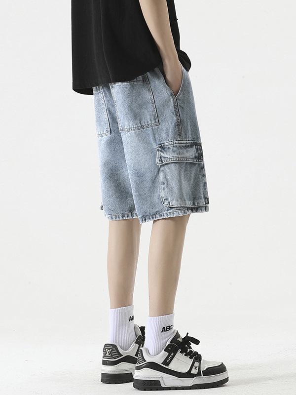 LKTM Men's# American Style High Street Multi-Pocket Tooling Denim Shorts Men's Ins Loose Straight Pants with Loose Waist