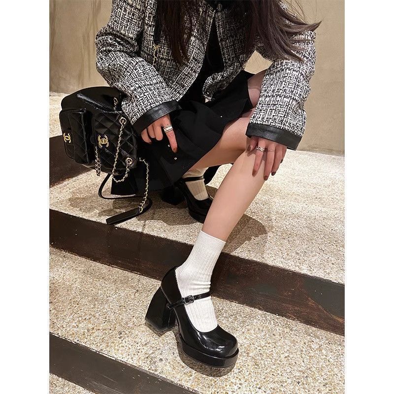 French-Style Black Chunky High Heels 2025 New Waterproof Platform Shallow Versatile Single Strap Round-Toe Mary Jane Shoes for Women