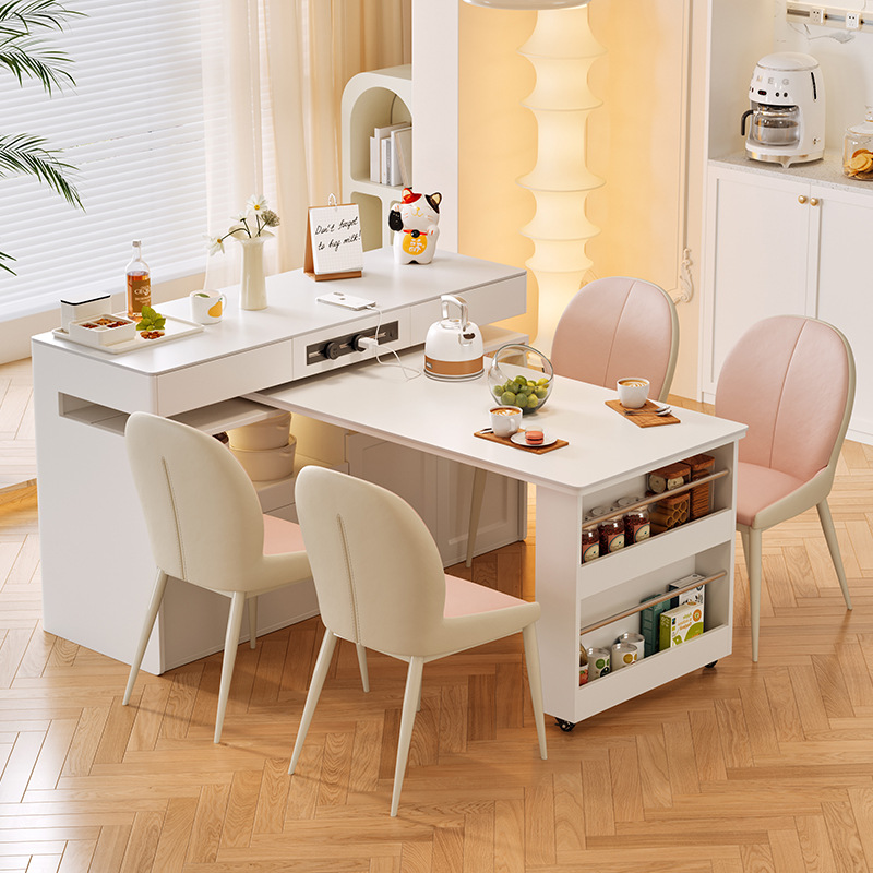 Специальный многофункциональный барный и обеденный стол, интегрированный, выдвижной, кремового цвета, из массива дерева