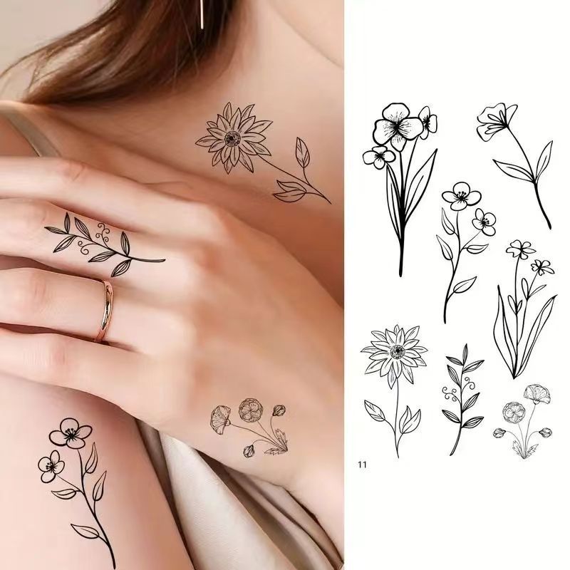 Cross-border New Style Small Fresh Tattoo Sticker Advanced Sense Plain Flower Letter English Rose Flower Tattoo Tattoo Sticker