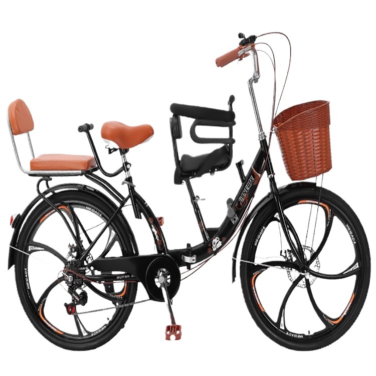 Parent-Child Bike with Child, Mother-Child Folding Fence Bike, Three-Seater Disc Brake Integrated Wheel for Taking Children