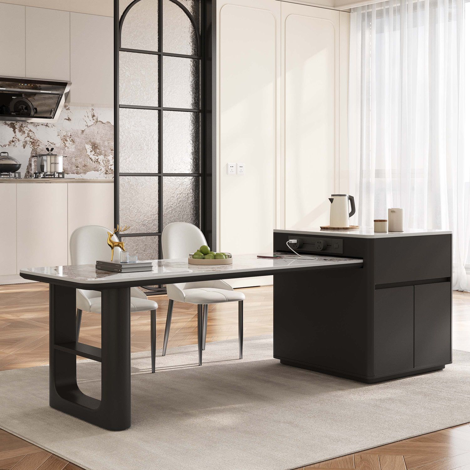 Slate Island Tea Table and Dining Table Dual-Purpose Household All-In-One Retractable High-End Solid Wood Dining Table and Chair Combination Light Luxury Dining Table