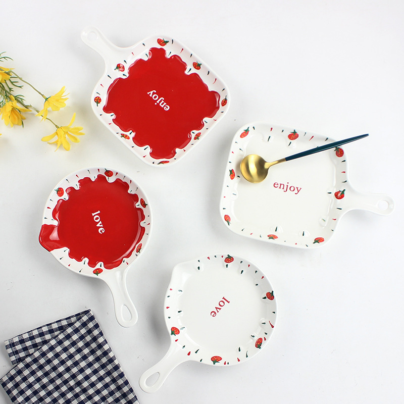 Embossed Strawberry Series Ceramic Tableware Set Hand-Painted Breakfast Cup Rice Bowl Soup Noodle Bowl Salad Bowl Dark and Light Dinner Plate