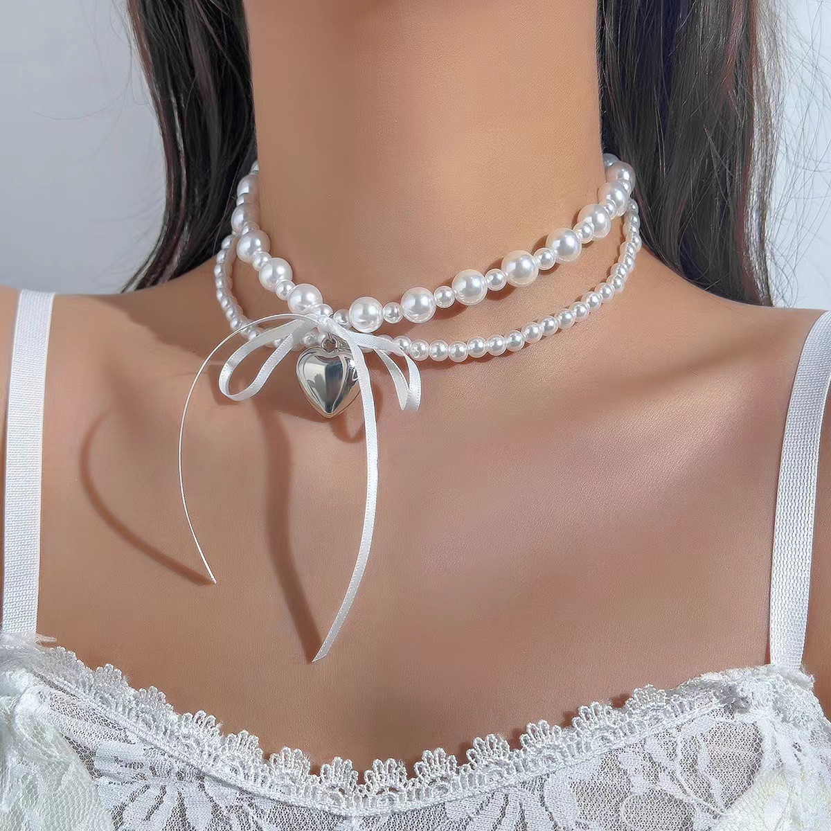 French Baroque Style Accessible Luxury Double-Layer Pearl Necklace Metal Heart Bow Ribbon Necklace Clavicle Chain for Women