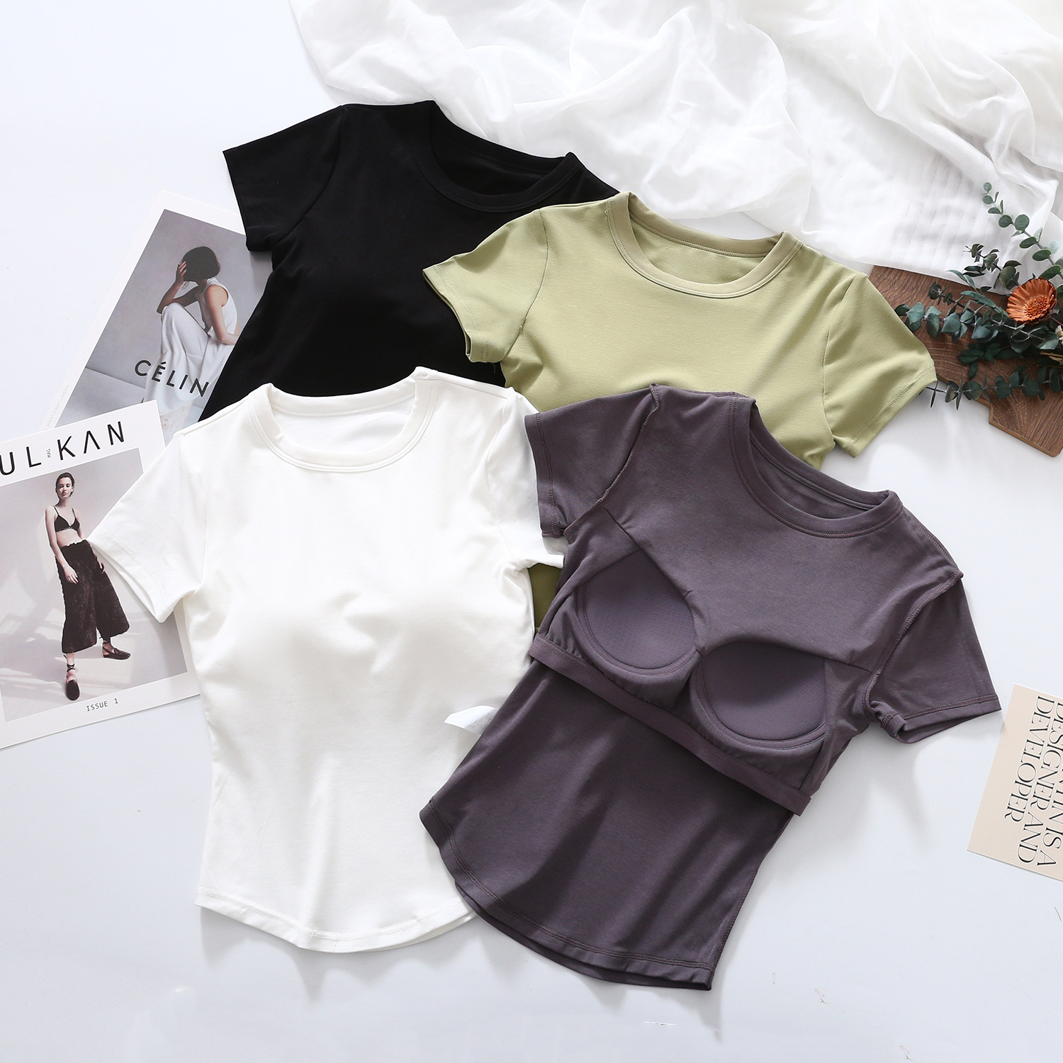 Spring and Summer Short Sleeve with Chest Pad Cup One-piece Base Shirt Threaded T-shirt with Pleated Fishtail Inner Wearing Outer Wearing Half Sleeve