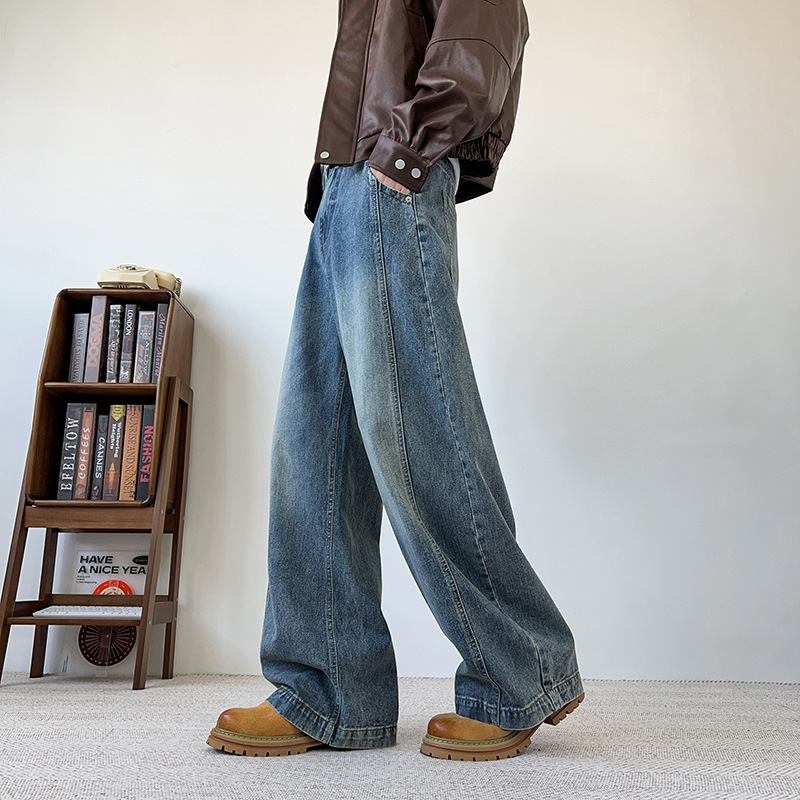 Free Shipping American High Street Washed Scimitar Jeans Men's Spring and Autum Loose Wide-Leg Versatile Handsome Casual Pants