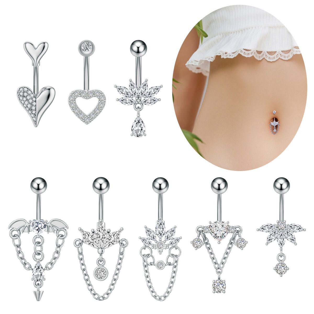 Cross-Border E-Commerce New Stainless Steel Navel Ring Heart-Shaped Zircon Micro-Paved Marquise Chain Navel Nail Piercing Jewelry