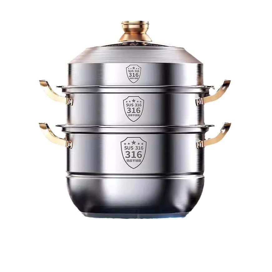 Steamer 316 Stainless Steel Household Food Grade 304 Thickeneded Soup Pot Steamed Buns Double-Layer Three-Layer Induction Cooker Universal