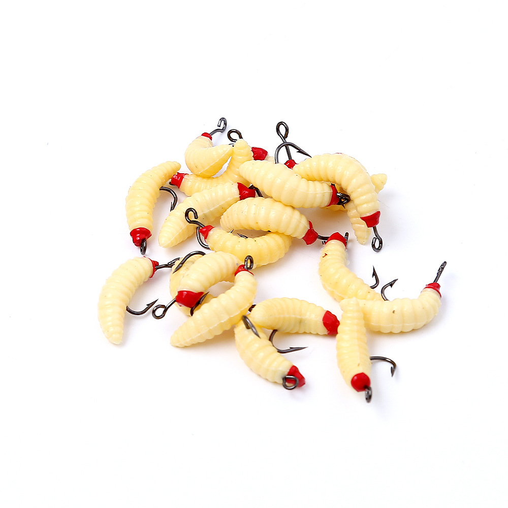 Luya Fake Bait with Hook Bread Worm Maggot Imitation Bait Bionic Maggot Soft Bait Horse Mouth Hook Turned-up Luofei Grass Carp White Strip