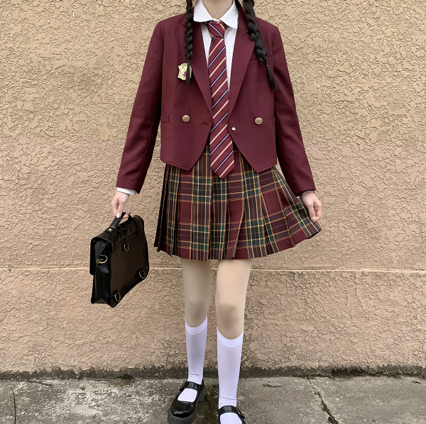 Original Burgundy Short Blazer with Hawthorn Tree Jk Plaid Skirt Set, Autumn and Winter College Style Japanese Uniform Suit