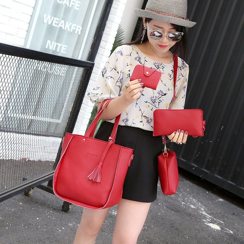 2022 New Litchi Pattern Four-piece Women's Bag Fashionable Simple European and American All-match Handbag Large Capacity Women's Trendy Bag