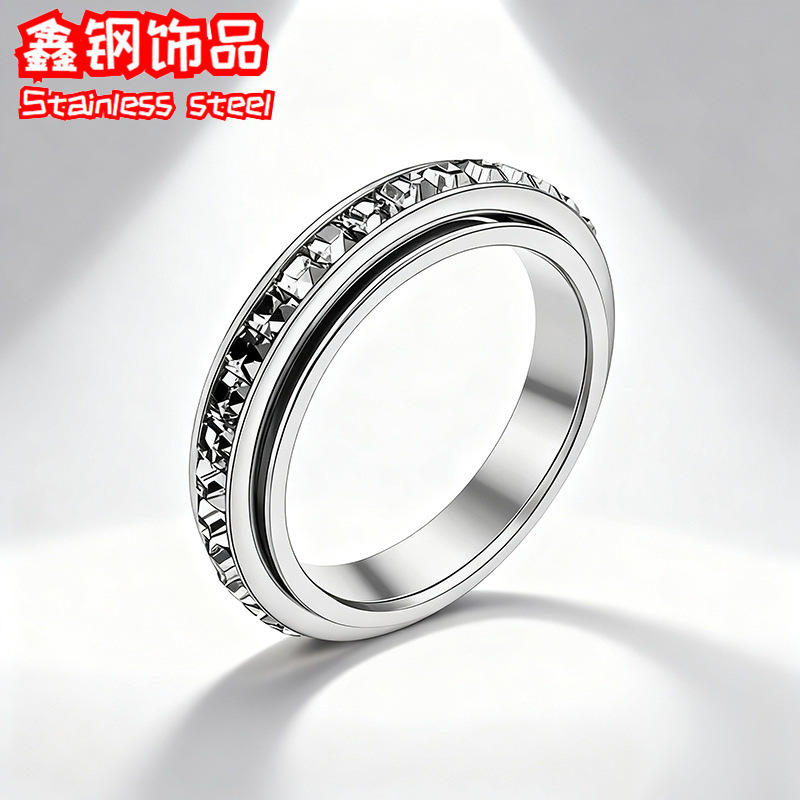 Source Manufacturer Spot Supply Cross-Border Hot Selling 4mm Square Diamond Rotating Ring for Women Stainless Steel Full Diamond Jewelry
