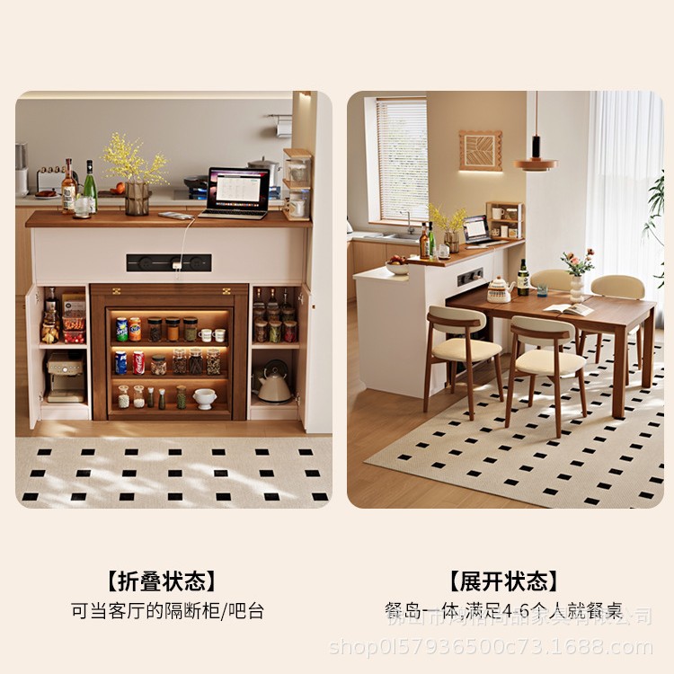 Solid Wood Style Multifunctional Solid Wood Island Dining Table Integrated Foldable and Extendable Small Household Kitchen Partition Cabinet